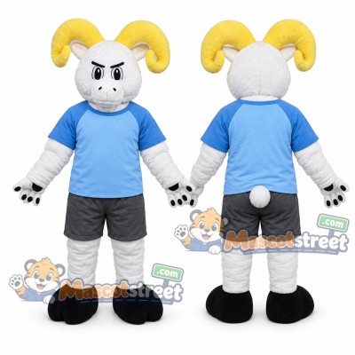 White Ram Mascot Costume with Blue Shirt and Gray Shorts White Ram Mascot Costume with Blue Shirt and Gray Shorts