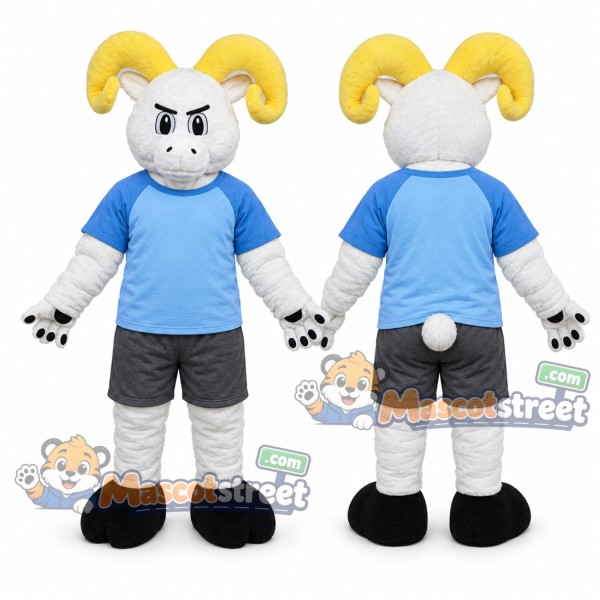 White Ram Mascot Costume with Blue Shirt and Gray Shorts