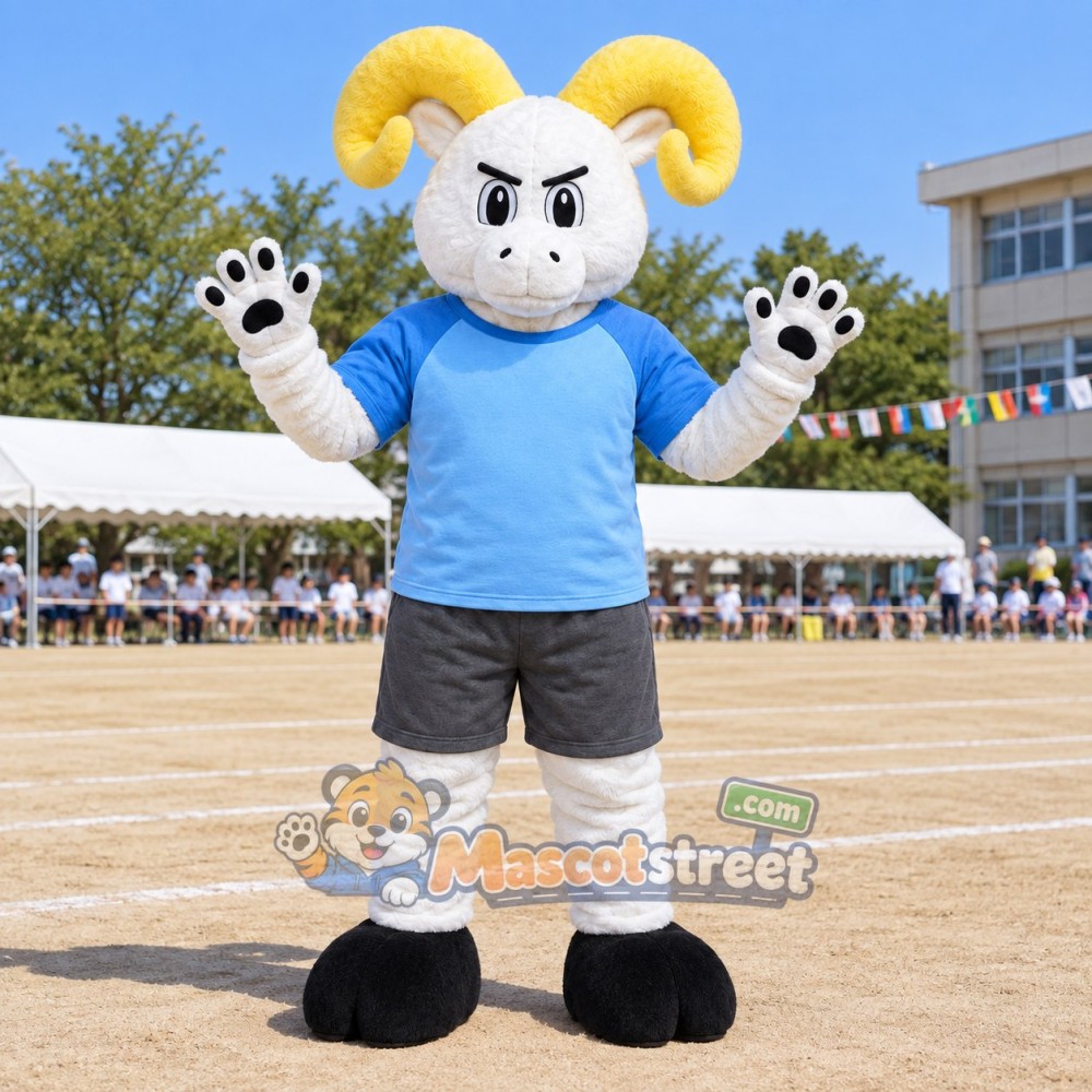 White Ram Mascot Costume with Blue Shirt and Gray Shorts White Ram Mascot Costume with Blue Shirt and Gray Shorts