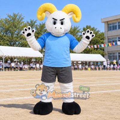 White Ram Mascot Costume with Blue Shirt and Gray Shorts White Ram Mascot Costume with Blue Shirt and Gray Shorts