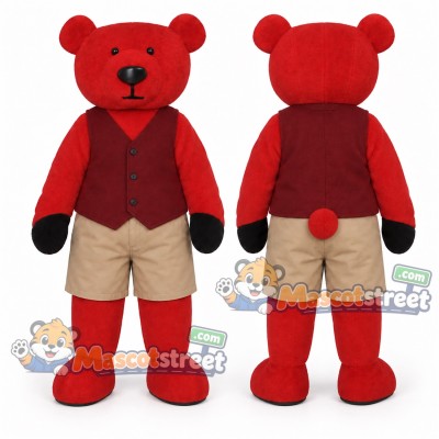 Red Bear Mascot Costume with Burgundy Vest and Beige Shorts