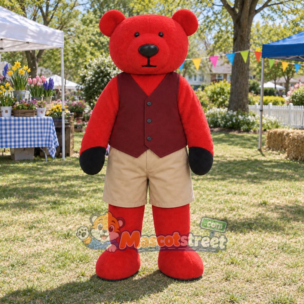 Red Bear Mascot Costume with Burgundy Vest and Beige Shorts Red Bear Mascot Costume with Burgundy Vest and Beige Shorts