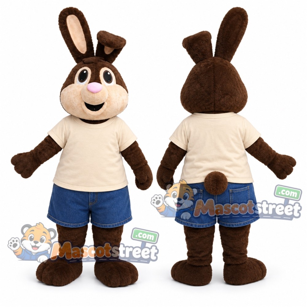 Brown Rabbit Mascot Costume with Cream Shirt and Blue Shorts Brown Rabbit Mascot Costume with Cream Shirt and Blue Shorts