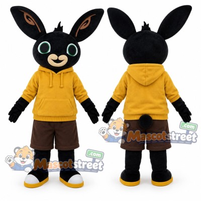 Black Rabbit Mascot Costume with Yellow Hoodie and Brown Shorts Black Rabbit Mascot Costume with Yellow Hoodie and Brown Shorts