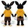Black Rabbit Mascot Costume with Yellow Hoodie and Brown Shorts