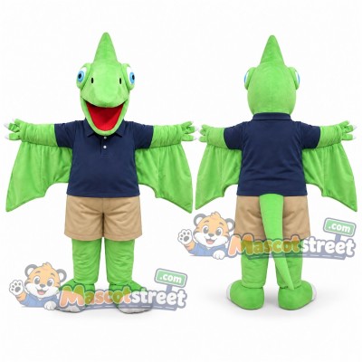 Green Pterodactyl Mascot Costume with Navy Polo Shirt and Beige Shorts Green Pterodactyl Mascot Costume with Navy Polo Shirt and Beige Shorts