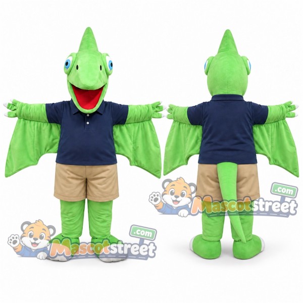 Green Pterodactyl Mascot Costume with Navy Polo Shirt and Beige Shorts
