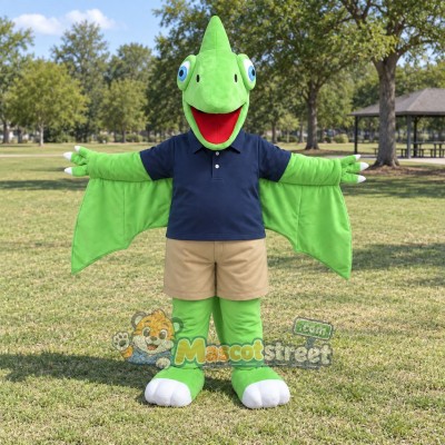 Green Pterodactyl Mascot Costume with Navy Polo Shirt and Beige Shorts
