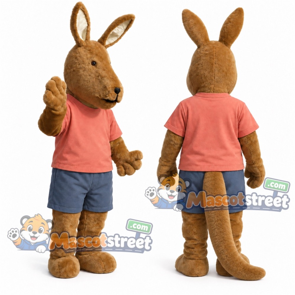 Brown Kangaroo Mascot Costume with Coral Shirt and Blue Shorts