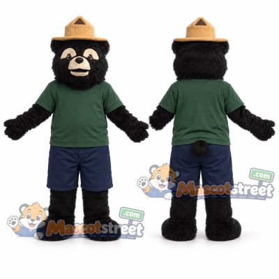 Black Bear Mascot Costume with Green Shirt, Navy Shorts and Tan Hat