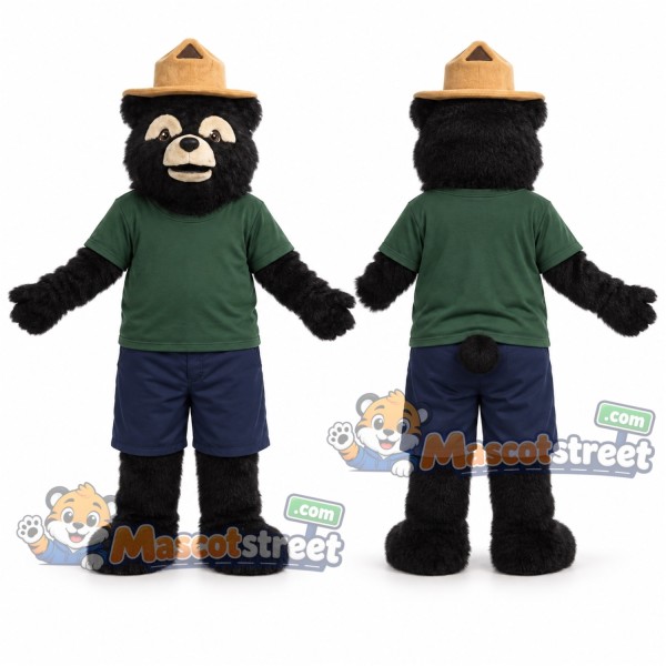 Black Bear Mascot Costume with Green Shirt, Navy Shorts and Tan Hat