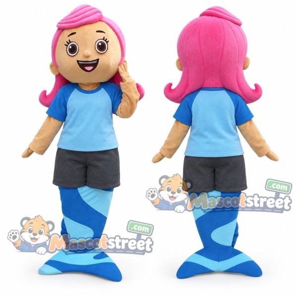 Pink Haired Mermaid Mascot Costume with Blue Shirt and Gray Shorts