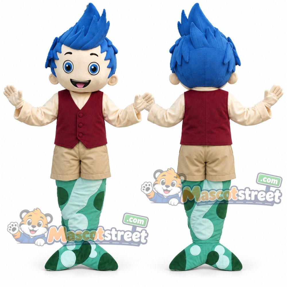 Blue Haired Merman Mascot Costume with Burgundy Vest and Beige Shorts Blue Haired Merman Mascot Costume with Burgundy Vest and Beige Shorts