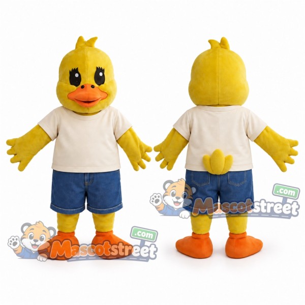Yellow Duck Mascot Costume with Cream Shirt and Blue Shorts