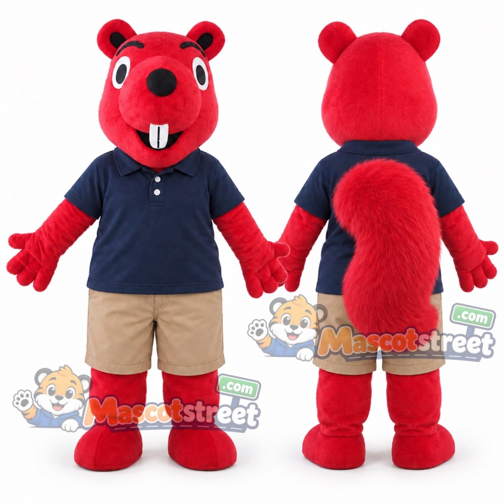 Red Squirrel Mascot Costume with Navy Polo Shirt and Beige Shorts Red Squirrel Mascot Costume with Navy Polo Shirt and Beige Shorts