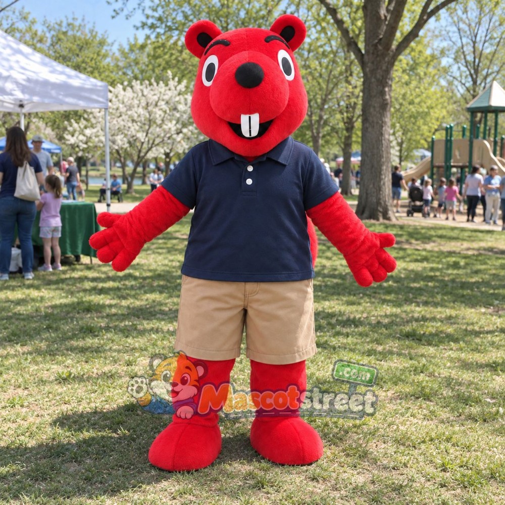 Red Squirrel Mascot Costume with Navy Polo Shirt and Beige Shorts Red Squirrel Mascot Costume with Navy Polo Shirt and Beige Shorts