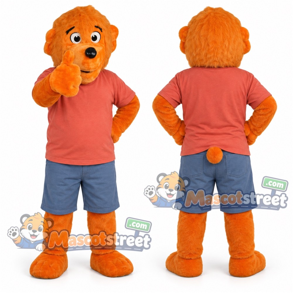 Orange Bear Mascot Costume with Coral Shirt and Blue Shorts Orange Bear Mascot Costume with Coral Shirt and Blue Shorts