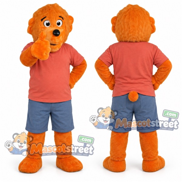 Orange Bear Mascot Costume with Coral Shirt and Blue Shorts