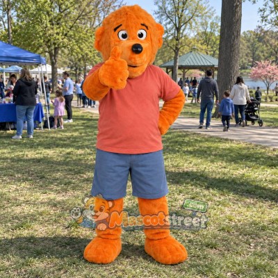 Orange Bear Mascot Costume with Coral Shirt and Blue Shorts Orange Bear Mascot Costume with Coral Shirt and Blue Shorts