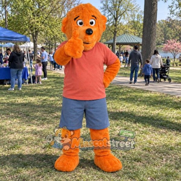 Orange Bear Mascot Costume with Coral Shirt and Blue Shorts