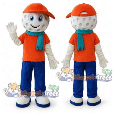 Golf Ball Character Mascot Costume with Orange Shirt, Blue Pants, Orange Cap and Teal Scarf Golf Ball Character Mascot Costume with Orange Shirt, Blue Pants, Orange Cap and Teal Scarf