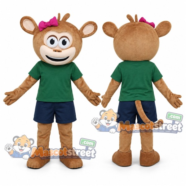 Brown Monkey Mascot Costume with Green Shirt and Navy Shorts