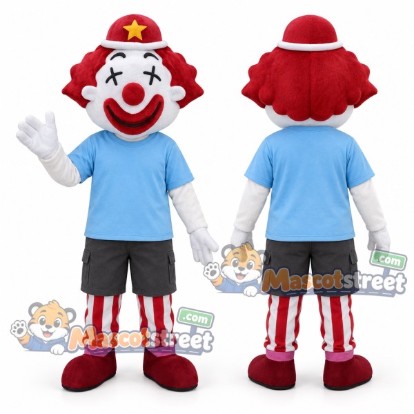 Clown Mascot Costume with Blue Shirt, Gray Shorts and Red Hat