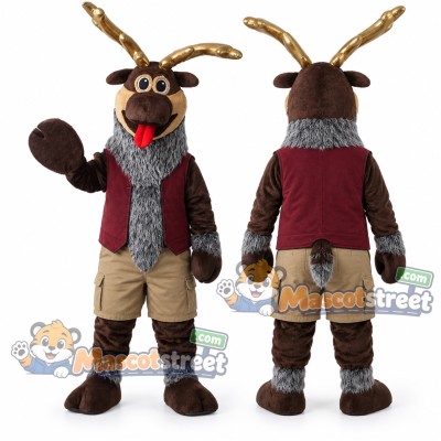 Brown Reindeer Mascot Costume with Burgundy Vest, Beige Shorts and Gray Scarf