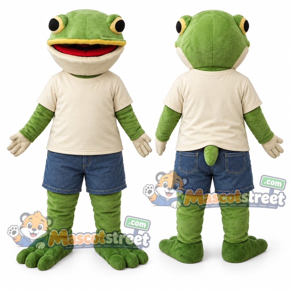 Green Frog Mascot Costume with Cream Shirt and Blue Shorts Green Frog Mascot Costume with Cream Shirt and Blue Shorts