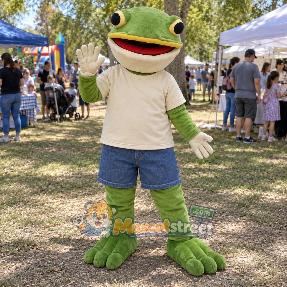 Green Frog Mascot Costume with Cream Shirt and Blue Shorts Green Frog Mascot Costume with Cream Shirt and Blue Shorts