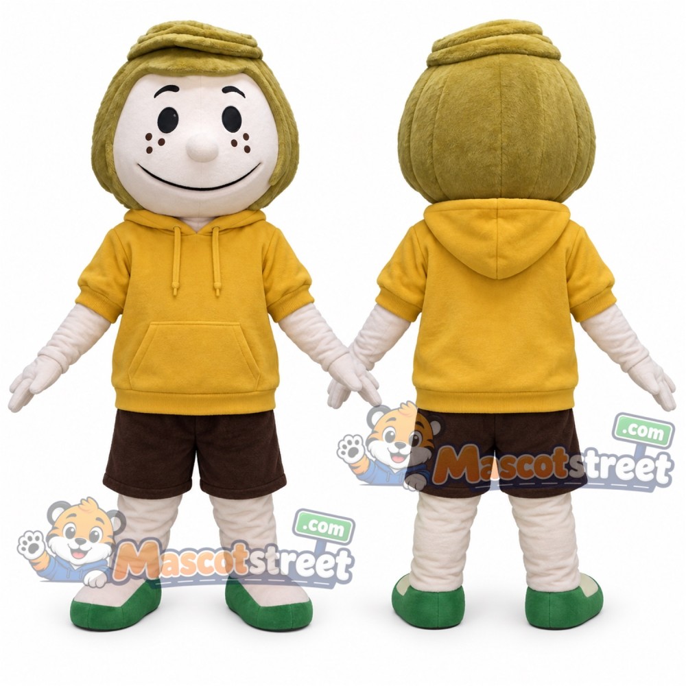 Boy Mascot Costume with Yellow Hoodie and Brown Shorts Boy Mascot Costume with Yellow Hoodie and Brown Shorts
