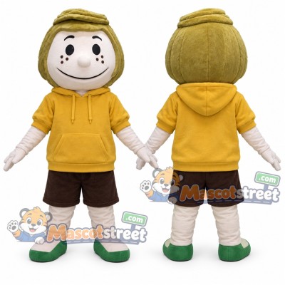 Boy Mascot Costume with Yellow Hoodie and Brown Shorts Boy Mascot Costume with Yellow Hoodie and Brown Shorts