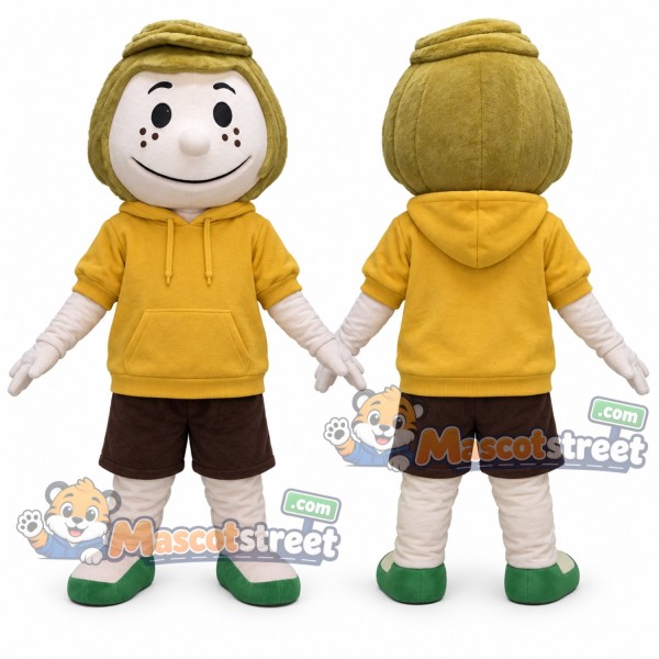 Boy Mascot Costume with Yellow Hoodie and Brown Shorts