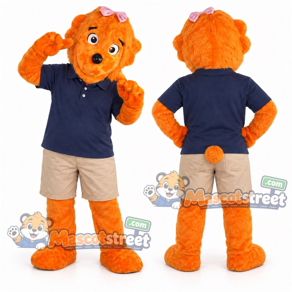 Orange Bear Mascot Costume with Navy Polo Shirt and Beige Shorts Orange Bear Mascot Costume with Navy Polo Shirt and Beige Shorts