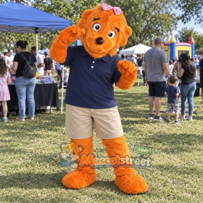Orange Bear Mascot Costume with Navy Polo Shirt and Beige Shorts Orange Bear Mascot Costume with Navy Polo Shirt and Beige Shorts