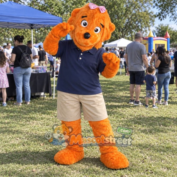 Orange Bear Mascot Costume with Navy Polo Shirt and Beige Shorts
