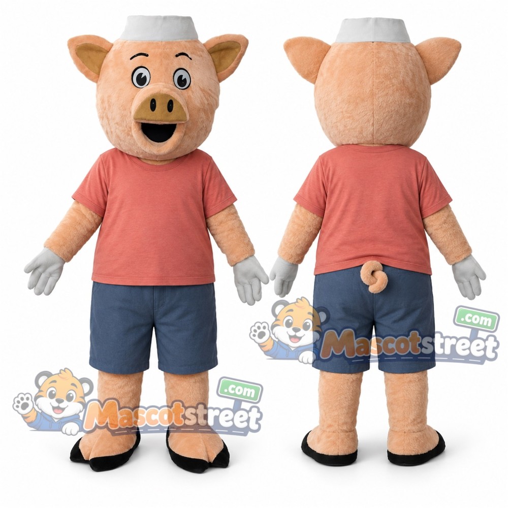 Pink Pig Mascot Costume with Coral Shirt, Blue Shorts and White Hat