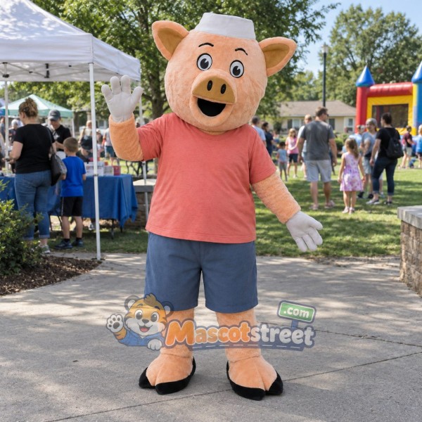 Pink Pig Mascot Costume with Coral Shirt, Blue Shorts and White Hat