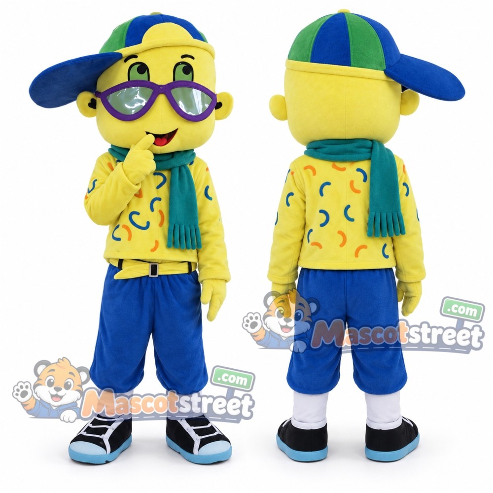 Boy with Glasses Mascot Costume with Yellow Shirt, Blue Pants, Blue Cap and Teal Scarf Boy with Glasses Mascot Costume with Yellow Shirt, Blue Pants, Blue Cap and Teal Scarf