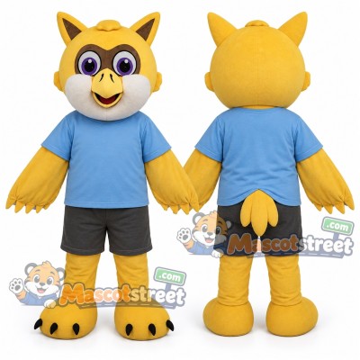 Yellow Owl Mascot Costume with Blue Shirt and Gray Shorts