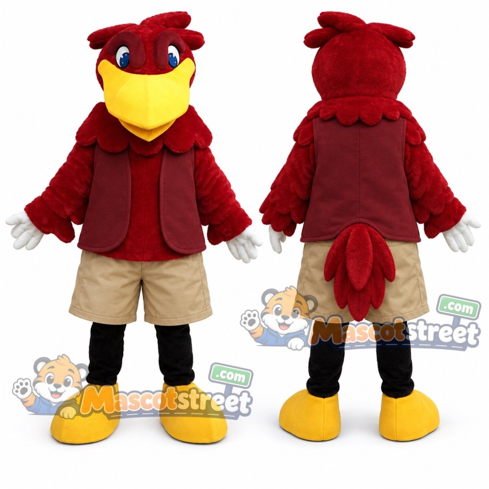 Red Rooster Mascot Costume with Burgundy Vest and Beige Shorts