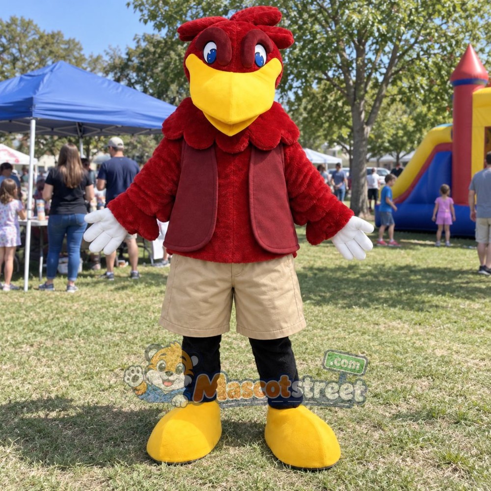 Red Rooster Mascot Costume with Burgundy Vest and Beige Shorts Red Rooster Mascot Costume with Burgundy Vest and Beige Shorts