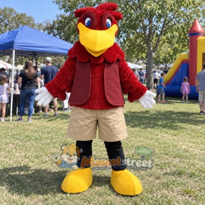 Red Rooster Mascot Costume with Burgundy Vest and Beige Shorts Red Rooster Mascot Costume with Burgundy Vest and Beige Shorts