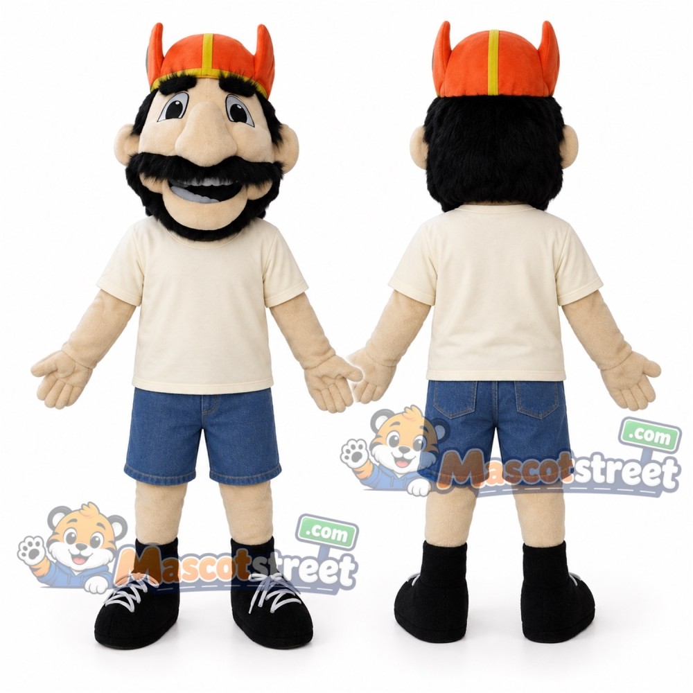 Mustached Pirate Mascot Costume with Cream Shirt, Blue Shorts and Red Hat