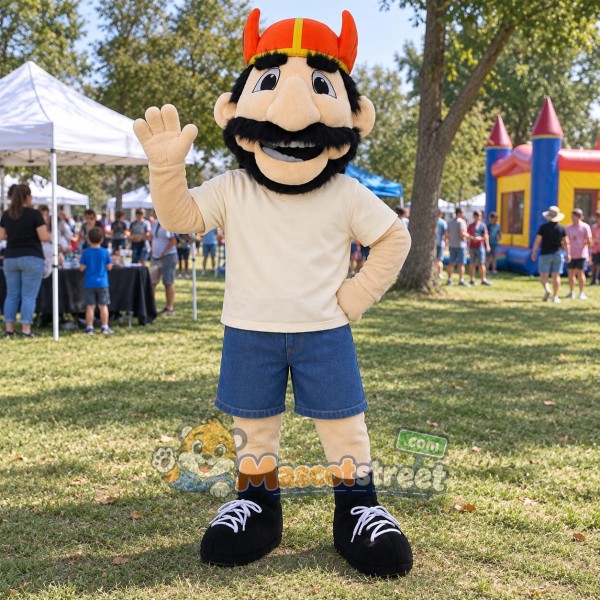 Mustached Pirate Mascot Costume with Cream Shirt, Blue Shorts and Red Hat Mustached Pirate Mascot Costume with Cream Shirt, Blue Shorts and Red Hat