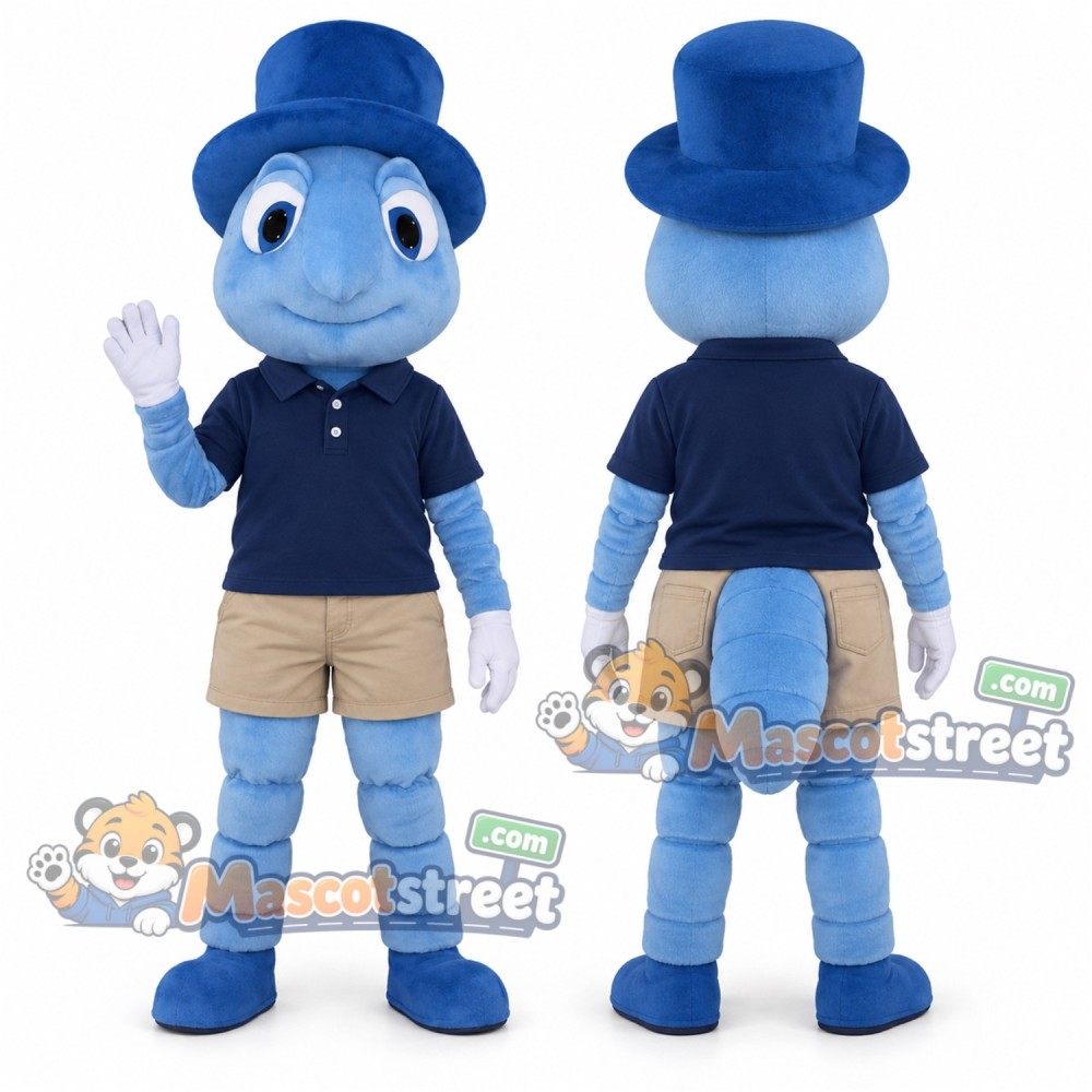 Blue Ant Mascot Costume with Navy Polo Shirt, Beige Shorts and Blue Top Hat