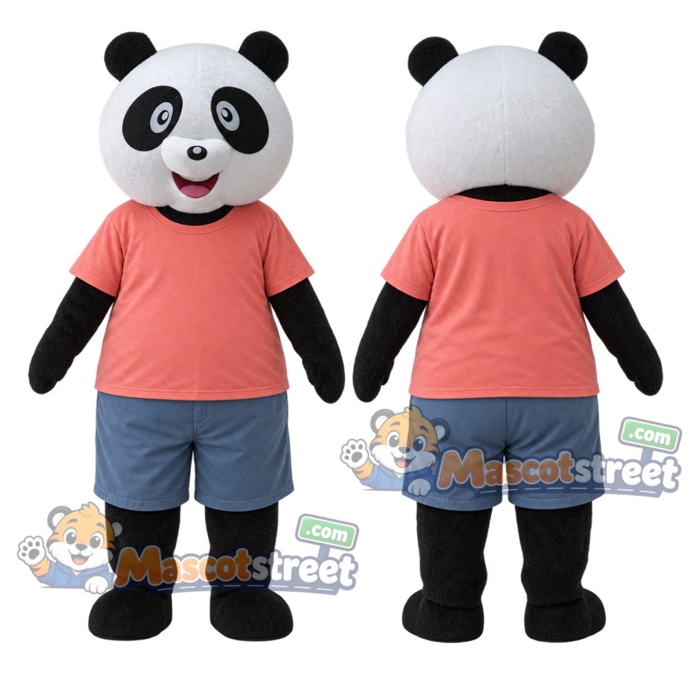 Panda Mascot Costume with Coral Shirt and Blue Shorts Panda Mascot Costume with Coral Shirt and Blue Shorts