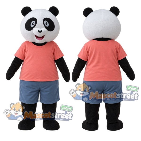 Panda Mascot Costume with Coral Shirt and Blue Shorts