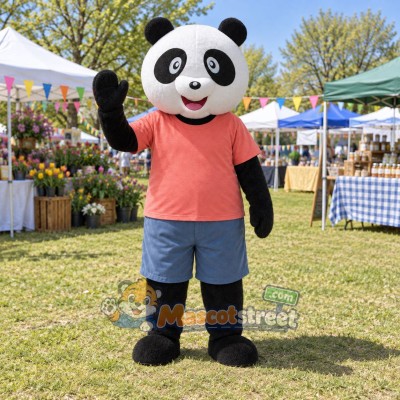 Panda Mascot Costume with Coral Shirt and Blue Shorts