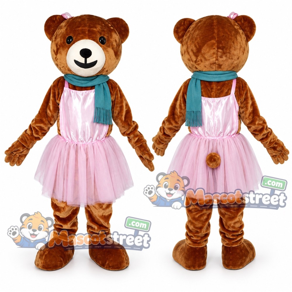Brown Bear Mascot Costume with Pink Dress and Teal Scarf Brown Bear Mascot Costume with Pink Dress and Teal Scarf
